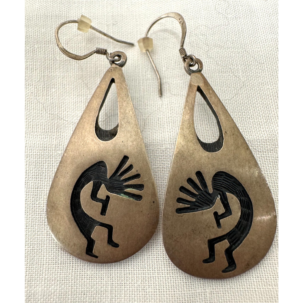 Native American Hopi Kokopelli Dancer Earrings Dangle Signed F Sterling Silver